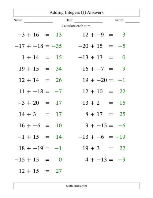 The Adding Mixed Integers from -20 to 20 (25 Questions; Large Print; No Parentheses) (J) Math Worksheet Page 2