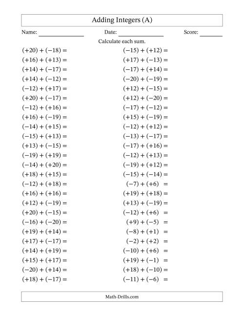 The Adding Mixed Integers from -20 to 20 (50 Questions; All Parentheses) (A) Math Worksheet