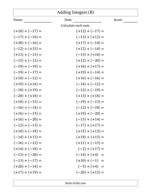 The Adding Mixed Integers from -20 to 20 (50 Questions; All Parentheses) (B) Math Worksheet