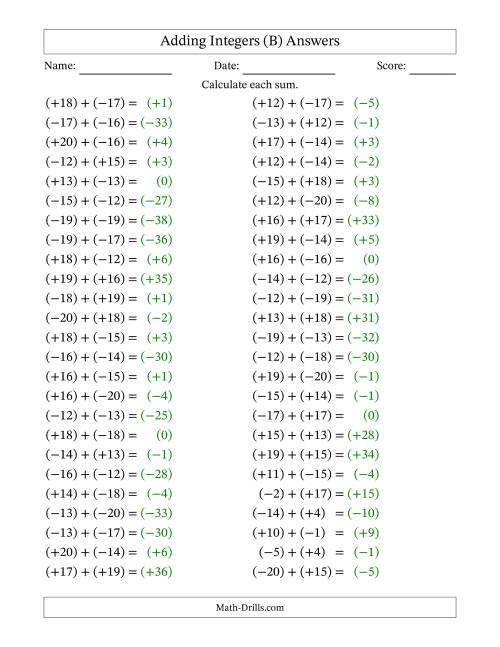 The Adding Mixed Integers from -20 to 20 (50 Questions; All Parentheses) (B) Math Worksheet Page 2