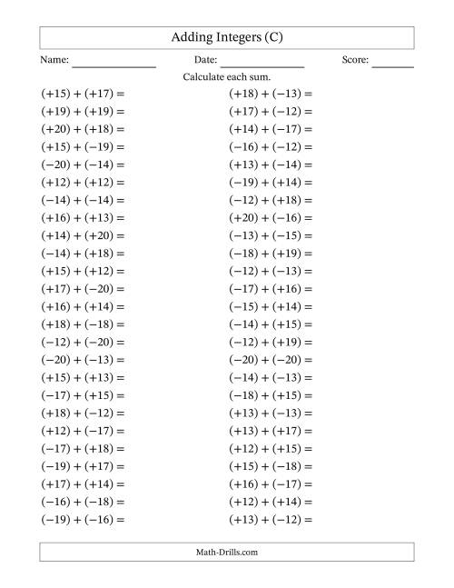 The Adding Mixed Integers from -20 to 20 (50 Questions; All Parentheses) (C) Math Worksheet