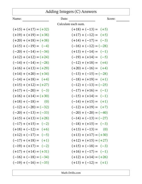 The Adding Mixed Integers from -20 to 20 (50 Questions; All Parentheses) (C) Math Worksheet Page 2