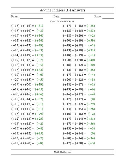 The Adding Mixed Integers from -20 to 20 (50 Questions; All Parentheses) (D) Math Worksheet Page 2