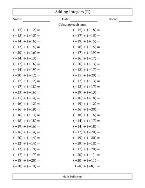 The Adding Mixed Integers from -20 to 20 (50 Questions; All Parentheses) (E) Math Worksheet