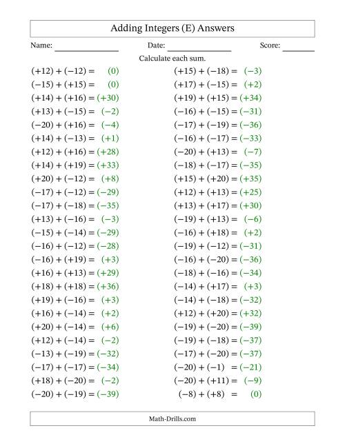 The Adding Mixed Integers from -20 to 20 (50 Questions; All Parentheses) (E) Math Worksheet Page 2