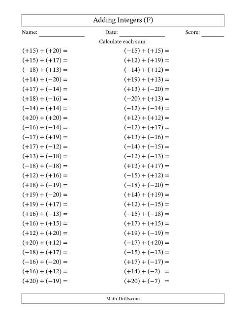 The Adding Mixed Integers from -20 to 20 (50 Questions; All Parentheses) (F) Math Worksheet