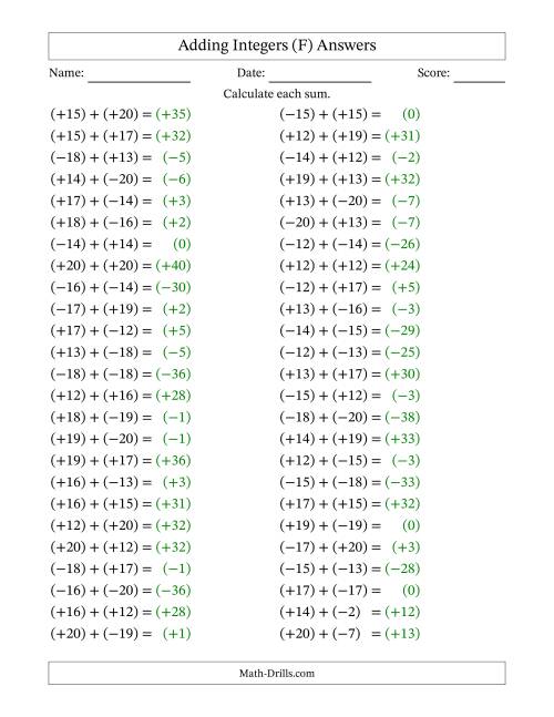The Adding Mixed Integers from -20 to 20 (50 Questions; All Parentheses) (F) Math Worksheet Page 2