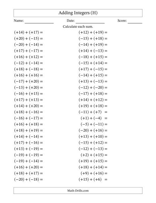 The Adding Mixed Integers from -20 to 20 (50 Questions; All Parentheses) (H) Math Worksheet