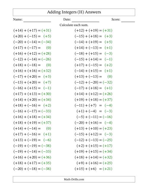 The Adding Mixed Integers from -20 to 20 (50 Questions; All Parentheses) (H) Math Worksheet Page 2