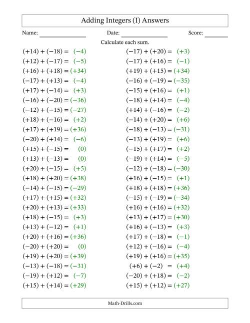 The Adding Mixed Integers from -20 to 20 (50 Questions; All Parentheses) (I) Math Worksheet Page 2