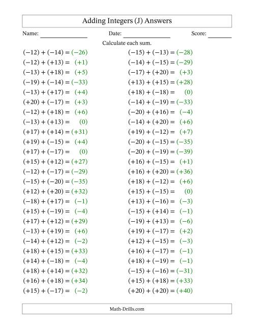 The Adding Mixed Integers from -20 to 20 (50 Questions; All Parentheses) (J) Math Worksheet Page 2