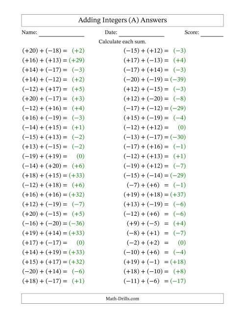 The Adding Mixed Integers from -20 to 20 (50 Questions; All Parentheses) (All) Math Worksheet Page 2