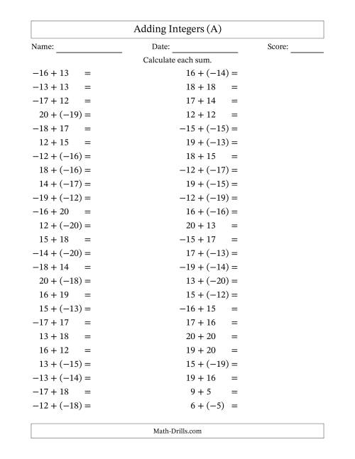The Adding Mixed Integers from -20 to 20 (50 Questions) (A) Math Worksheet
