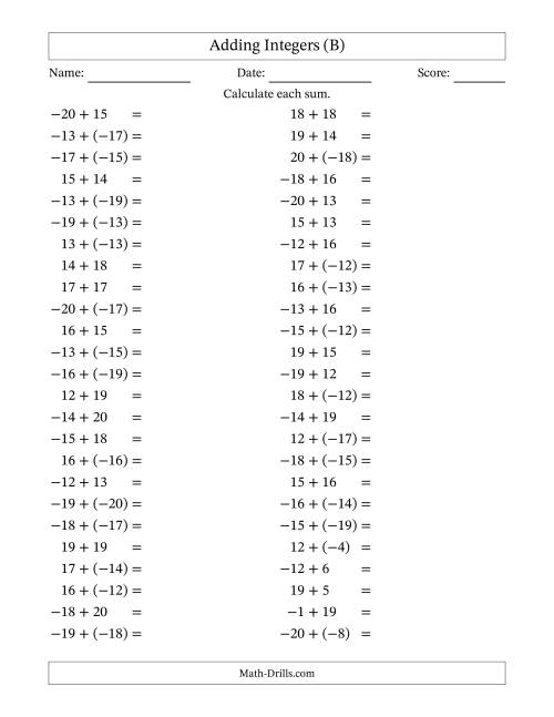 The Adding Mixed Integers from -20 to 20 (50 Questions) (B) Math Worksheet