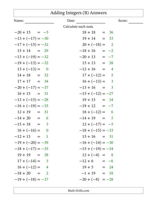 The Adding Mixed Integers from -20 to 20 (50 Questions) (B) Math Worksheet Page 2