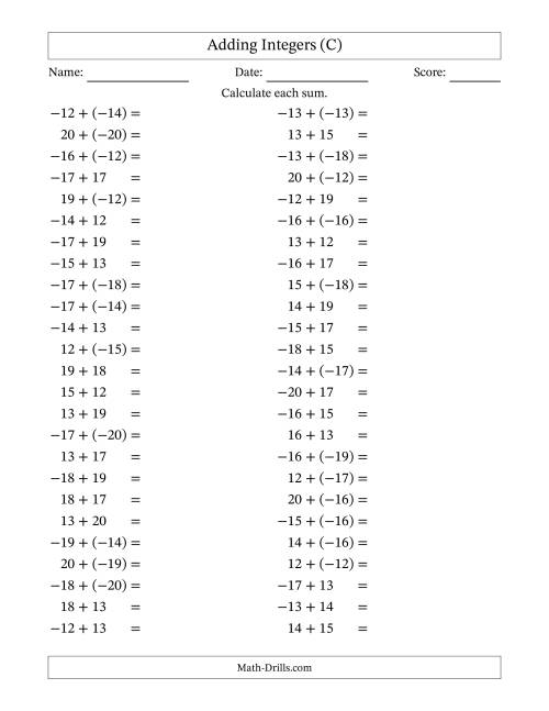 The Adding Mixed Integers from -20 to 20 (50 Questions) (C) Math Worksheet