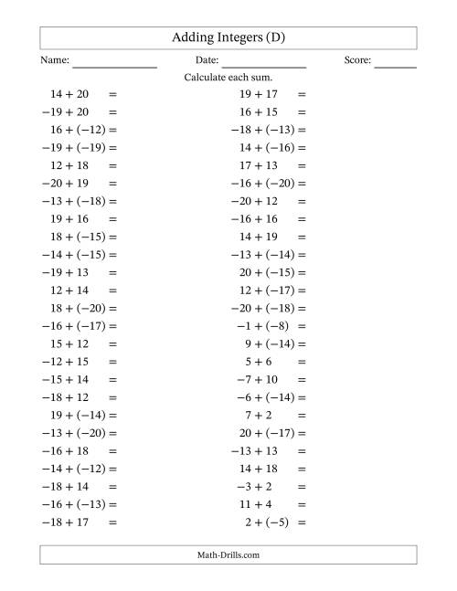 The Adding Mixed Integers from -20 to 20 (50 Questions) (D) Math Worksheet