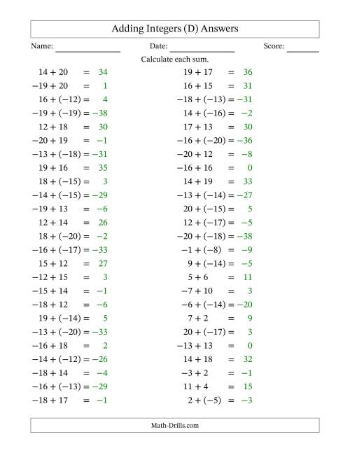 The Adding Mixed Integers from -20 to 20 (50 Questions) (D) Math Worksheet Page 2