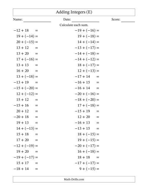 The Adding Mixed Integers from -20 to 20 (50 Questions) (E) Math Worksheet