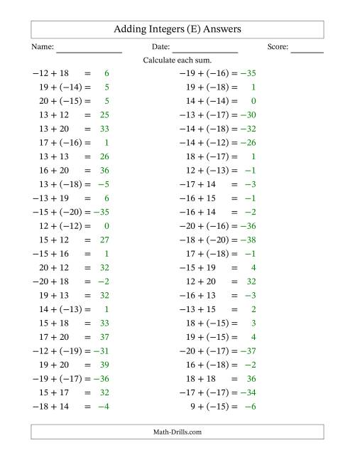 The Adding Mixed Integers from -20 to 20 (50 Questions) (E) Math Worksheet Page 2