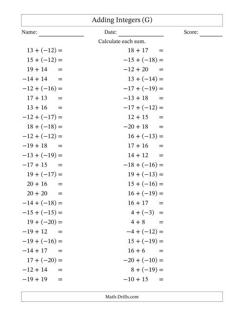 The Adding Mixed Integers from -20 to 20 (50 Questions) (G) Math Worksheet