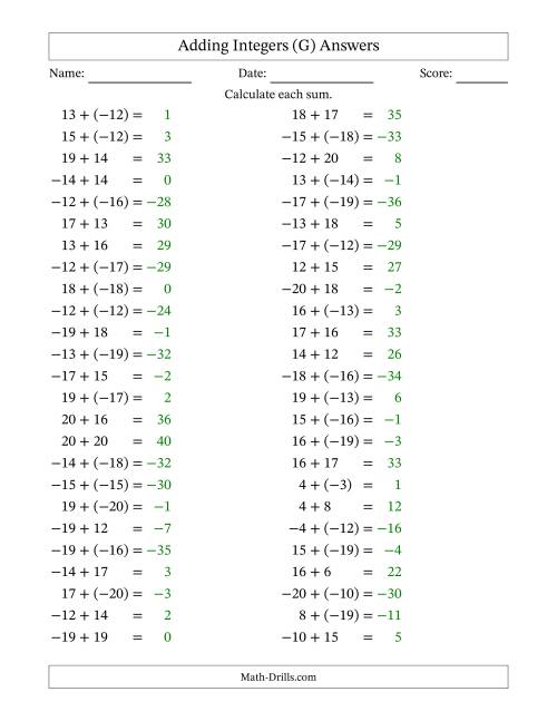 The Adding Mixed Integers from -20 to 20 (50 Questions) (G) Math Worksheet Page 2