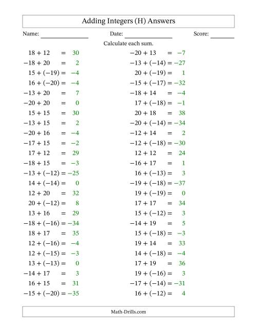 The Adding Mixed Integers from -20 to 20 (50 Questions) (H) Math Worksheet Page 2
