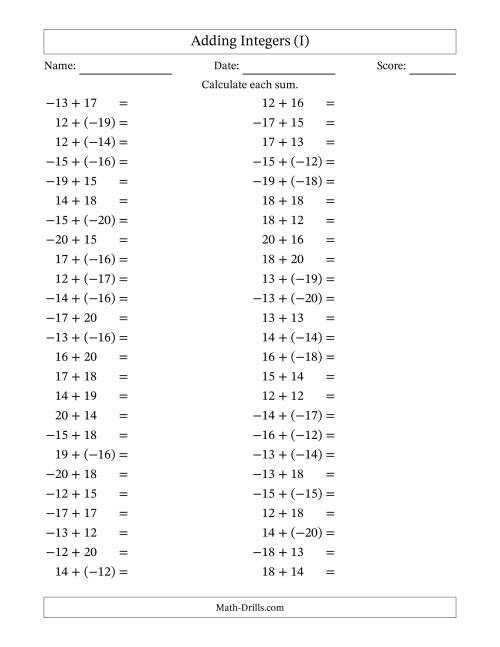 The Adding Mixed Integers from -20 to 20 (50 Questions) (I) Math Worksheet