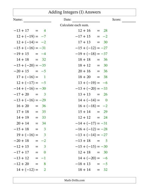 The Adding Mixed Integers from -20 to 20 (50 Questions) (I) Math Worksheet Page 2
