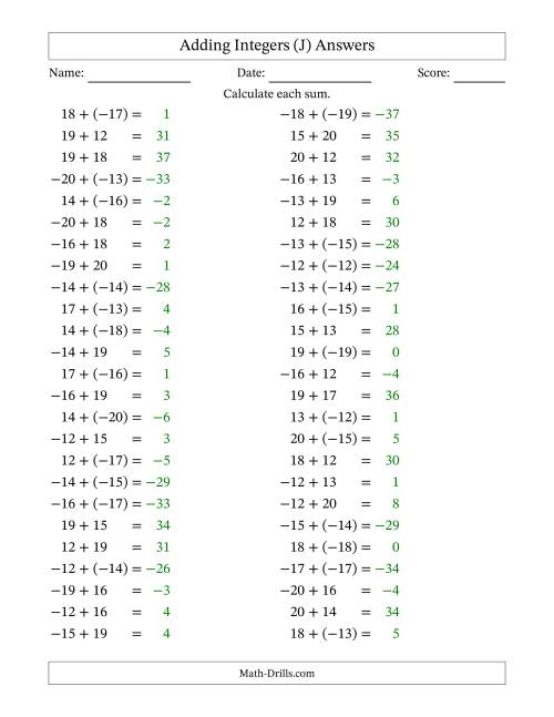 The Adding Mixed Integers from -20 to 20 (50 Questions) (J) Math Worksheet Page 2
