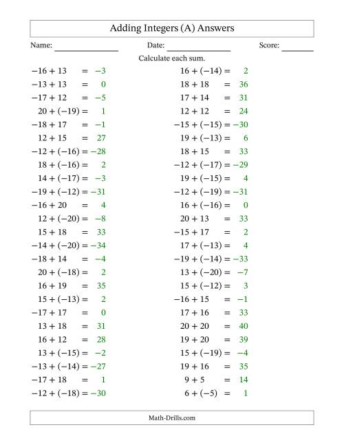 The Adding Mixed Integers from -20 to 20 (50 Questions) (All) Math Worksheet Page 2