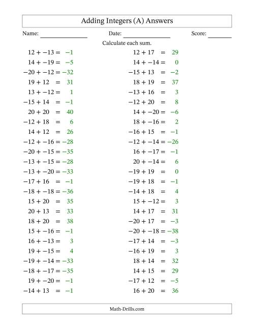 The Adding Mixed Integers from -20 to 20 (50 Questions; No Parentheses) (A) Math Worksheet Page 2