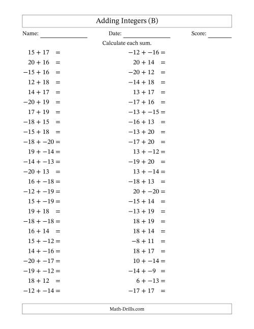 The Adding Mixed Integers from -20 to 20 (50 Questions; No Parentheses) (B) Math Worksheet