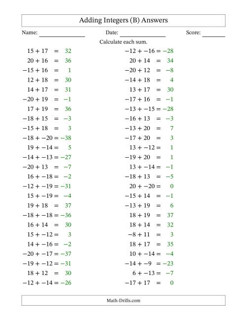 The Adding Mixed Integers from -20 to 20 (50 Questions; No Parentheses) (B) Math Worksheet Page 2