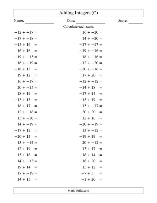The Adding Mixed Integers from -20 to 20 (50 Questions; No Parentheses) (C) Math Worksheet