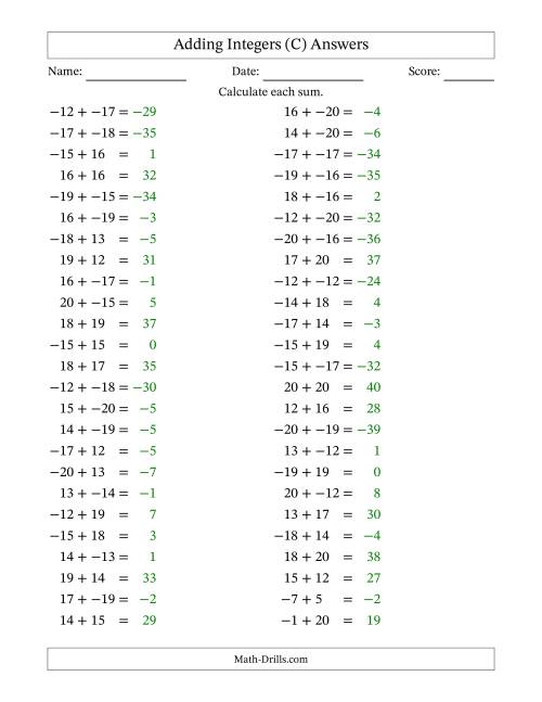 The Adding Mixed Integers from -20 to 20 (50 Questions; No Parentheses) (C) Math Worksheet Page 2