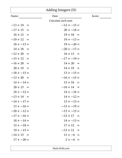 The Adding Mixed Integers from -20 to 20 (50 Questions; No Parentheses) (D) Math Worksheet