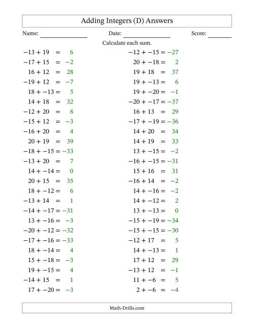 The Adding Mixed Integers from -20 to 20 (50 Questions; No Parentheses) (D) Math Worksheet Page 2