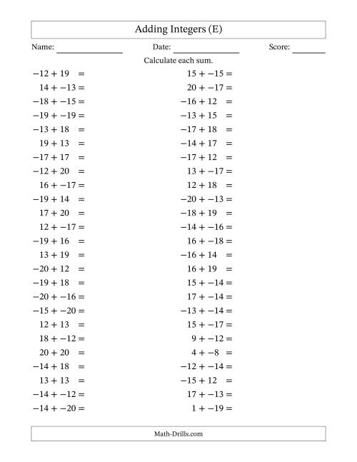 The Adding Mixed Integers from -20 to 20 (50 Questions; No Parentheses) (E) Math Worksheet