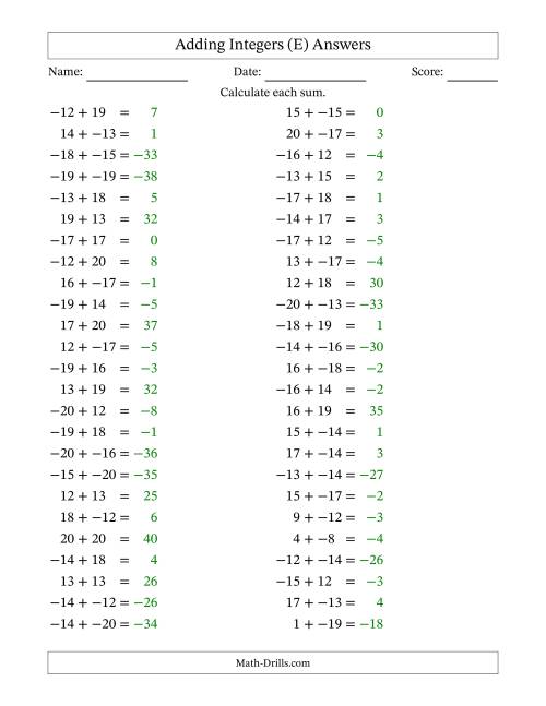 The Adding Mixed Integers from -20 to 20 (50 Questions; No Parentheses) (E) Math Worksheet Page 2
