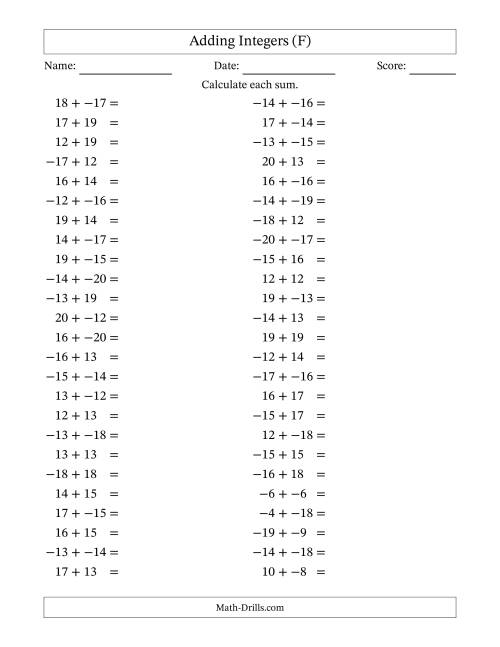 The Adding Mixed Integers from -20 to 20 (50 Questions; No Parentheses) (F) Math Worksheet
