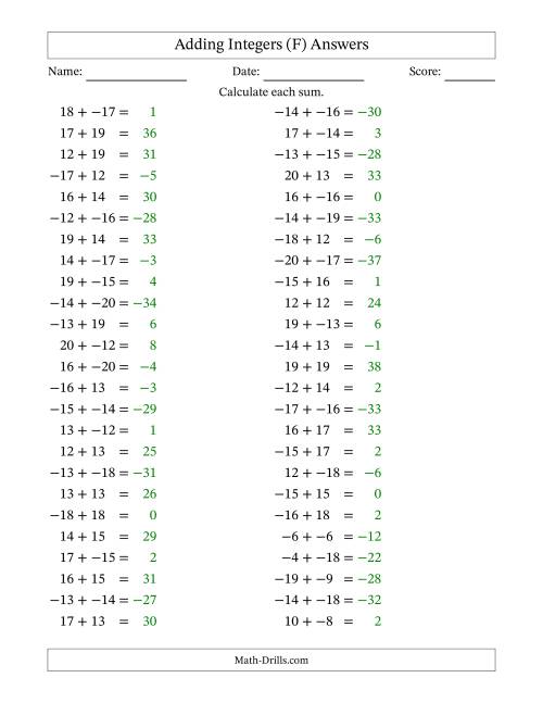 The Adding Mixed Integers from -20 to 20 (50 Questions; No Parentheses) (F) Math Worksheet Page 2