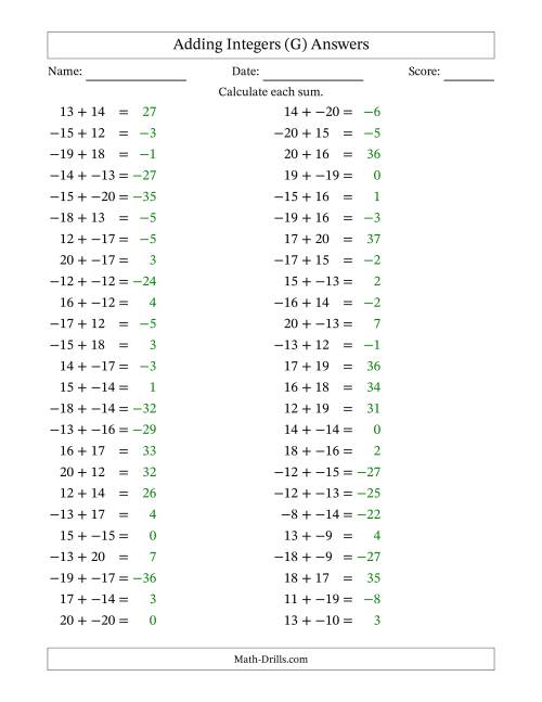 The Adding Mixed Integers from -20 to 20 (50 Questions; No Parentheses) (G) Math Worksheet Page 2