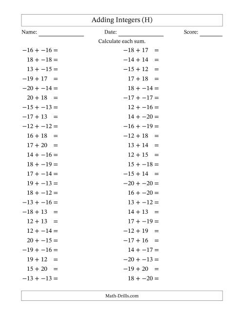 The Adding Mixed Integers from -20 to 20 (50 Questions; No Parentheses) (H) Math Worksheet