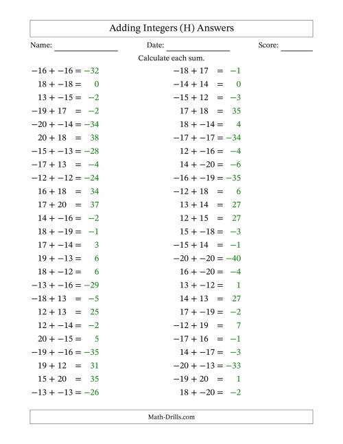 The Adding Mixed Integers from -20 to 20 (50 Questions; No Parentheses) (H) Math Worksheet Page 2