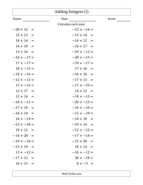 The Adding Mixed Integers from -20 to 20 (50 Questions; No Parentheses) (I) Math Worksheet