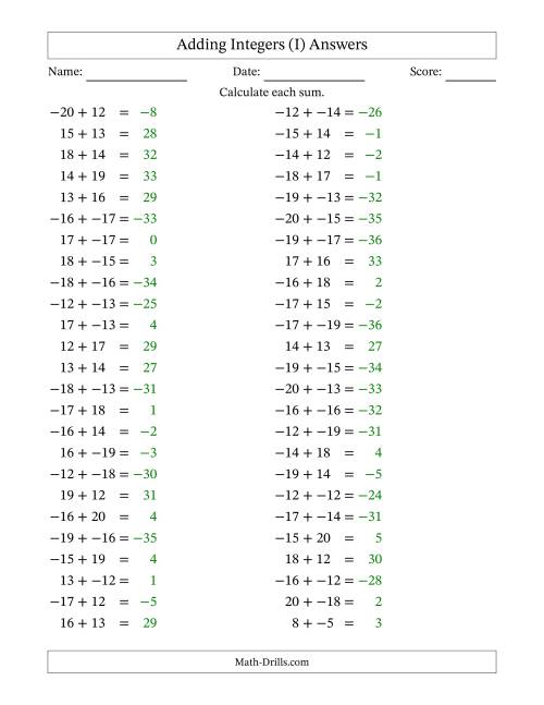 The Adding Mixed Integers from -20 to 20 (50 Questions; No Parentheses) (I) Math Worksheet Page 2