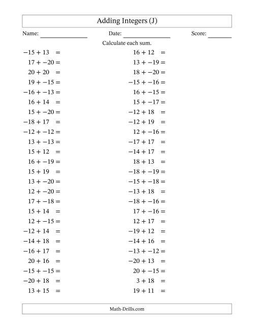 The Adding Mixed Integers from -20 to 20 (50 Questions; No Parentheses) (J) Math Worksheet