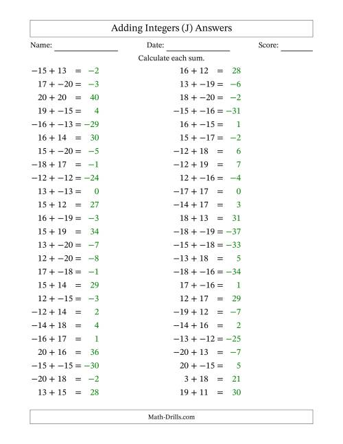 The Adding Mixed Integers from -20 to 20 (50 Questions; No Parentheses) (J) Math Worksheet Page 2