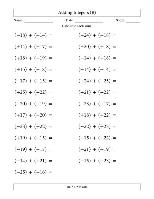 The Adding Mixed Integers from -25 to 25 (25 Questions; Large Print; All Parentheses) (B) Math Worksheet
